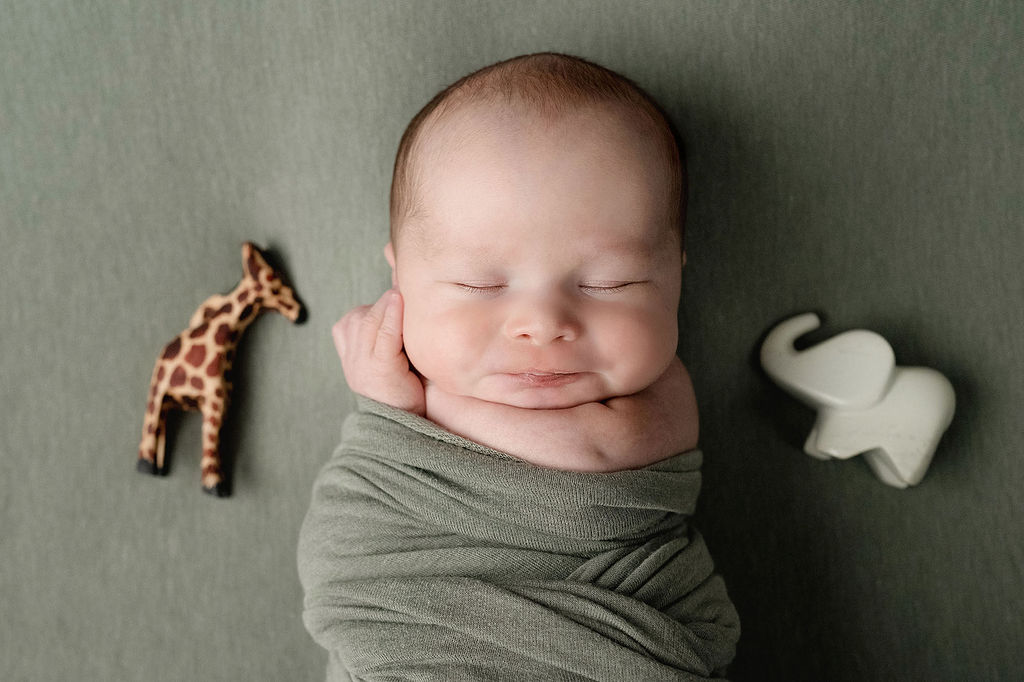 A sleeping newborn abby in a green swaddle with animal toys