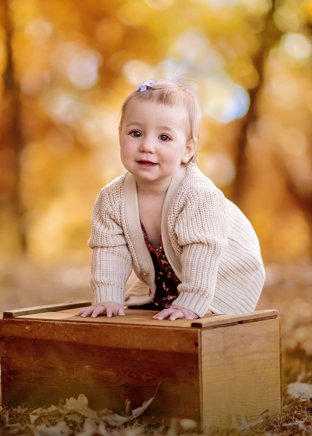 A baby girl climbs on a box in a forest in fall after visiting Little Children's Boutique